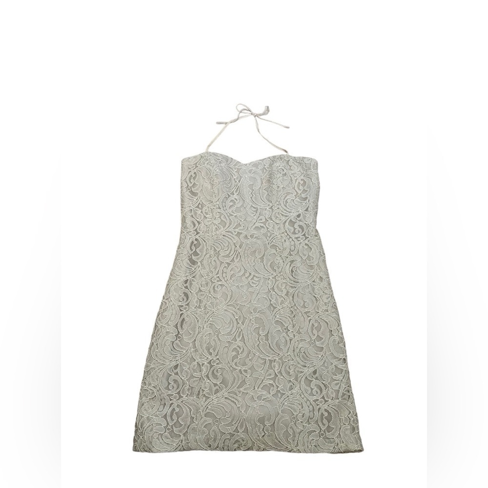 Dessy Collection Vivian Diamond Oyster G289 Lace Halter Cocktail Dress Size 4